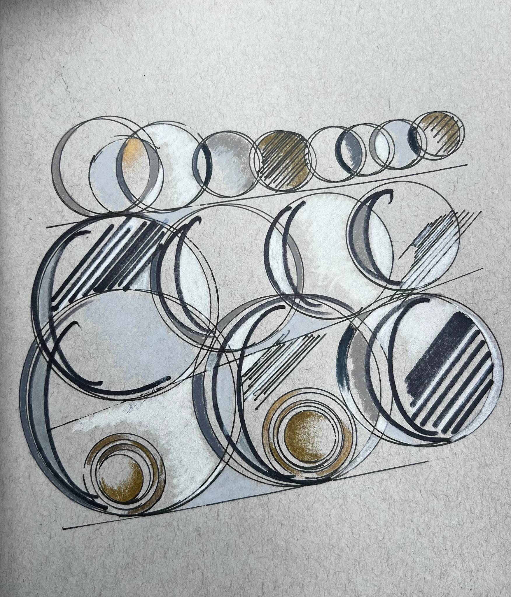 **Alt text:** An abstract geometric sketch composed of overlapping circles in a range of sizes, drawn with black ink and soft gray shading. Select circles are accented with muted gold highlights and bold diagonal hatching, creating contrast and rhythm across the composition. The circles are arranged in layered clusters with a row of smaller circles along the top, giving the piece a balanced yet playful, architectural feel. The textured paper and visible construction lines emphasize the hand-drawn, exploratory nature of the artwork.