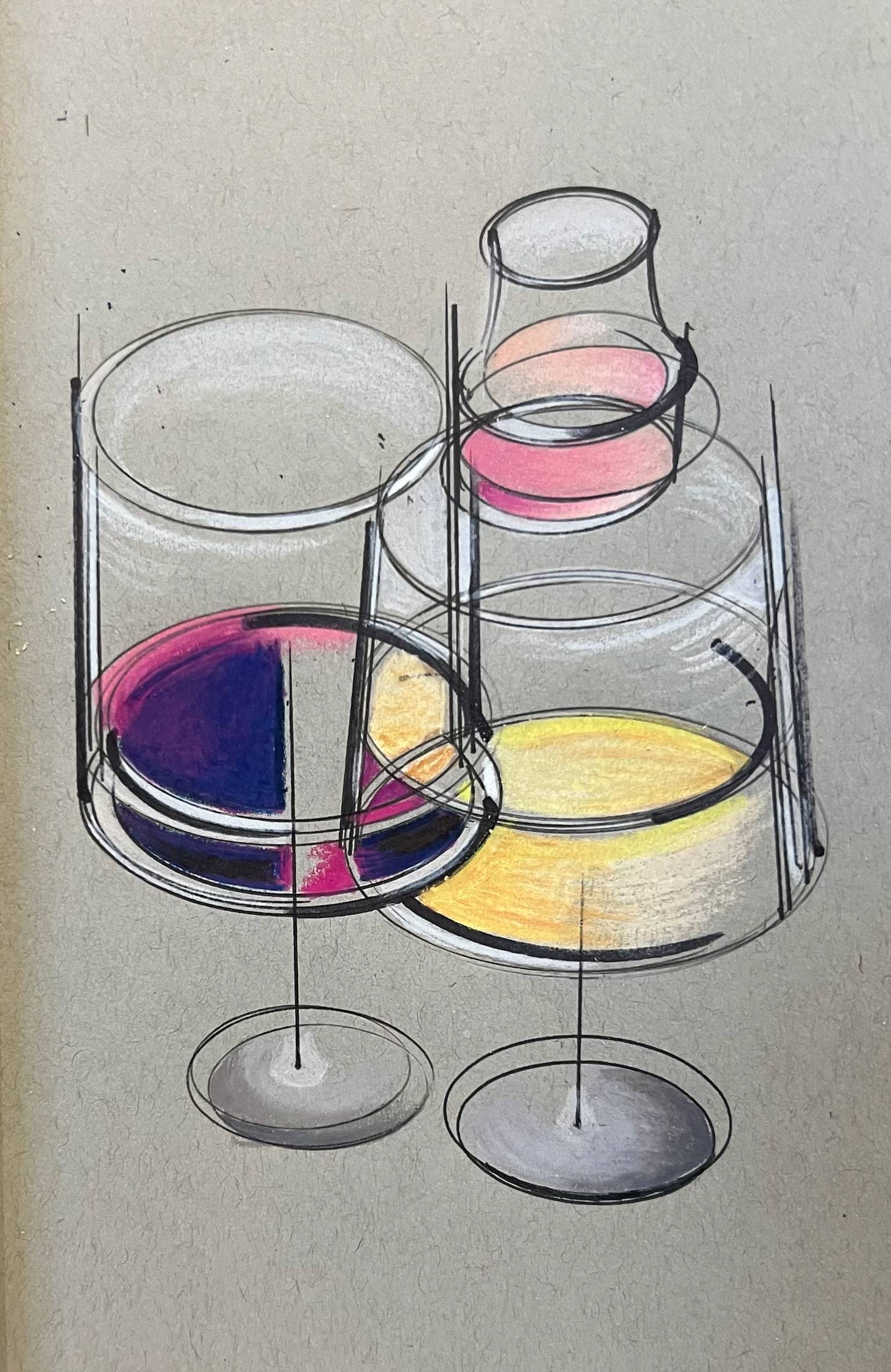 Abstract sketch of overlapping glass vessels on textured gray paper. The drawing features two large stemmed glasses and a smaller vase-like container stacked above them, all outlined in loose black ink lines. Transparent forms overlap to create layered circular shapes, with pops of vibrant color pooled at the bottoms: deep indigo and magenta in the left glass, bright yellow in the right glass, and soft pink in the top vessel. White highlights and sketch lines give the piece a loose, architectural feel.  Honestly, it looks like a very chic wine tasting went through an existential crisis and hired an artist. I respect it.
