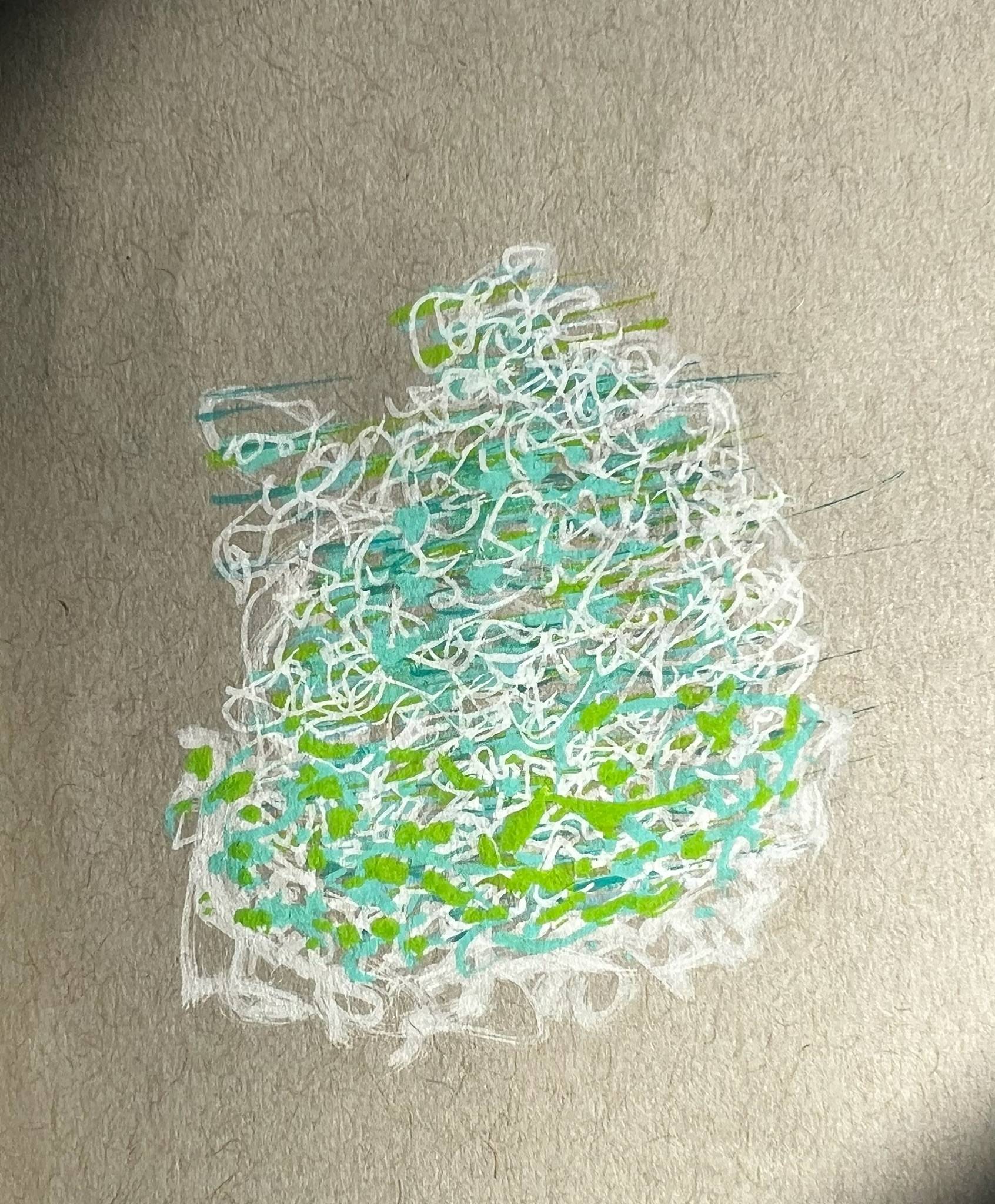 An abstract drawing on textured paper made of layered white, teal, and green lines and marks, forming a loose, organic shape. The overlapping strokes create a sense of movement and depth, with colors blending softly against the neutral background.