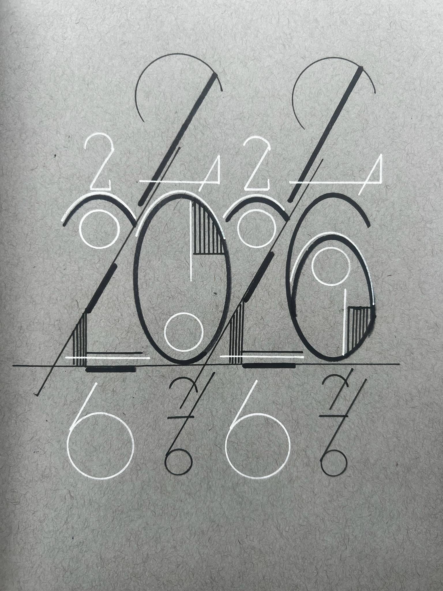 Abstract illustration of the numbers “2026” formed from thin black and white geometric lines and shapes. The digits are composed of circles, arcs, straight strokes, and subtle vertical hatching, arranged on a textured gray background. The overall style is minimalist, modern, and hand-drawn, with overlapping lines creating a layered, artistic look.