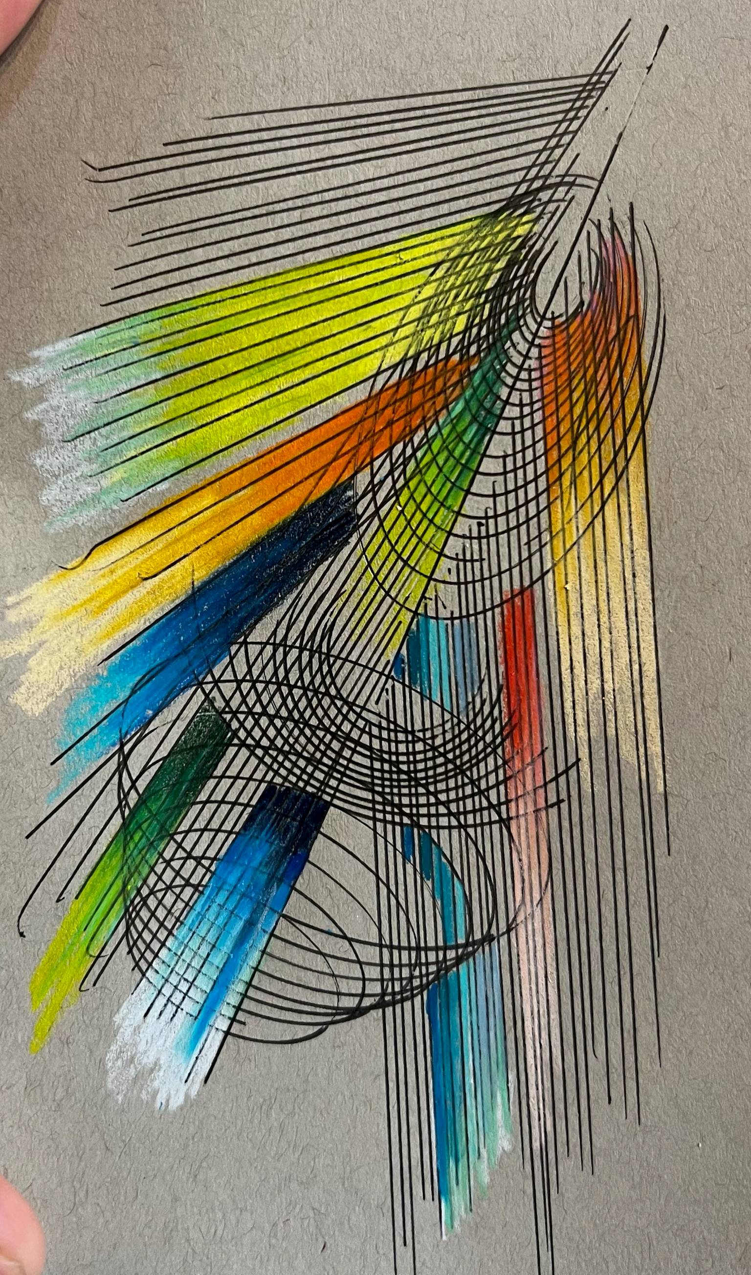 Abstract geometric artwork made with intersecting black ink lines that curve and converge into layered wave-like patterns across textured brown paper. Bright streaks of neon yellow, orange, blue, green, turquoise, red, and white colored pencil or pastel cut diagonally through the composition, creating a sense of motion and tension between structure and fluidity. The piece feels both mathematical and organic, like energy fields or movement captured in lines.