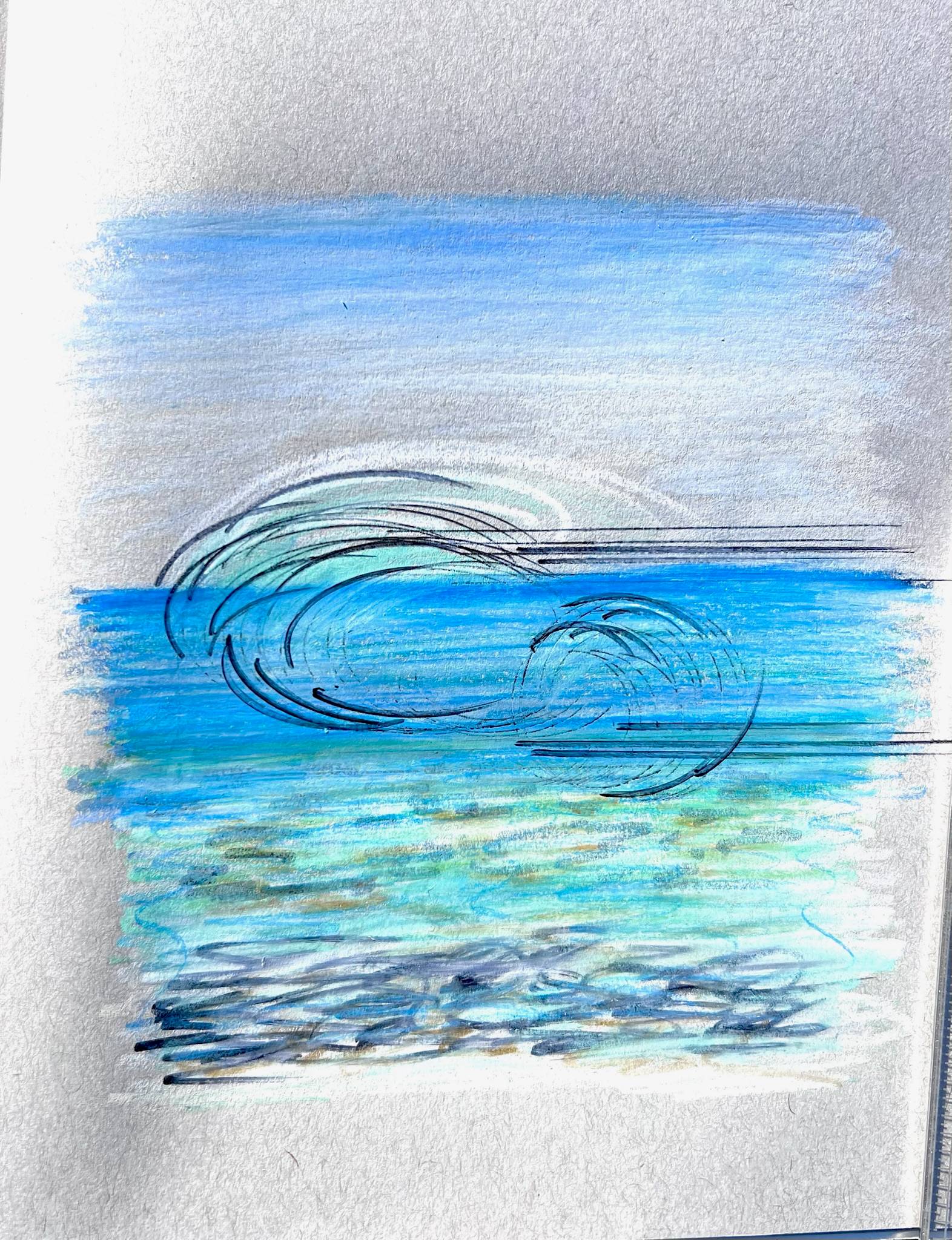**Alt text:** A soft, impressionistic drawing of a   blue ocean wave curling toward the shore under a calm sky. The artwork blends shades of turquoise, aqua, and light gray-blue, creating a sense of motion and serenity. The wave is outlined with fine, fluid black lines, while the foreground shows the sandy seabed through shallow water, rendered with loose strokes of tan, teal, and white. The overall feel is peaceful, rhythmic, and gently dynamic—like a quiet moment of energy captured mid-crest.