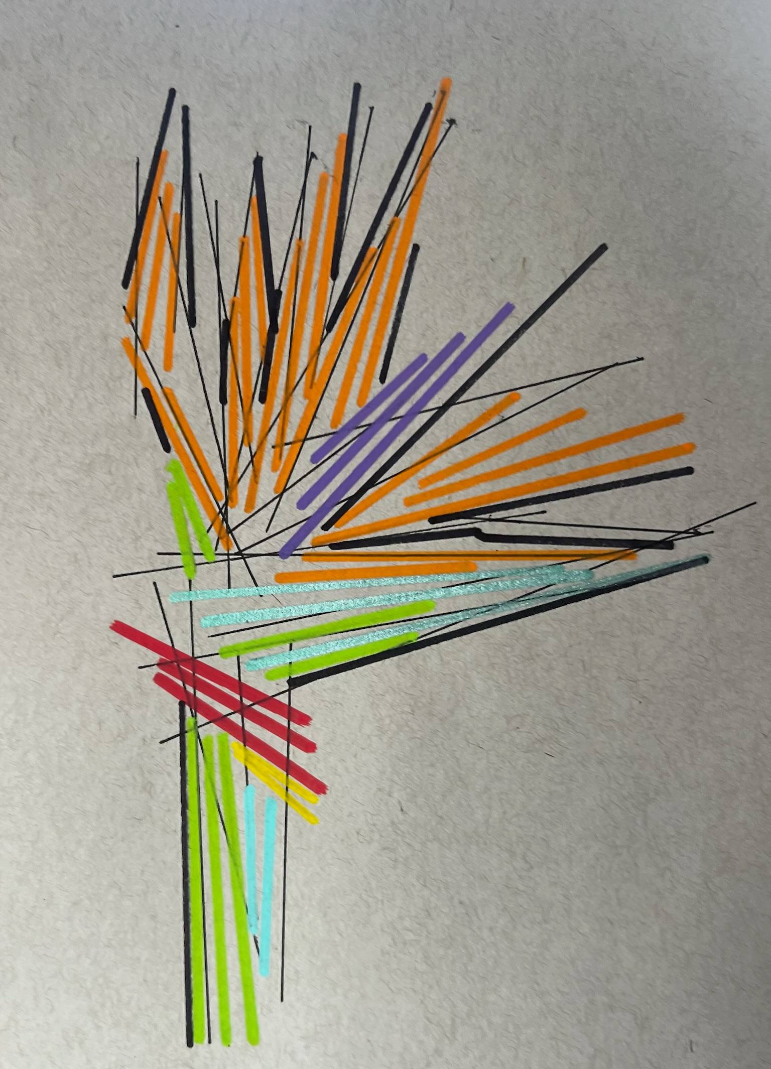 Got it. Here’s revised alt text that **names the subject** while staying accessible and descriptive, not interpretive or flowery:  **Alt text:** Abstract drawing of a bird of paradise flower on light gray textured paper, created with pen and colored markers. Angular, radiating lines form the flower’s shape, with orange strokes suggesting the upward petals and black ink lines outlining and intersecting the form. Purple diagonal lines appear near the center of the flower, while turquoise and light green horizontal strokes extend outward like leaves. Vertical green and teal lines at the bottom suggest the stem, with small red and yellow accents near the base. The drawing is energetic and geometric, using layered straight lines to evoke the bird of paradise rather than a realistic depiction.  