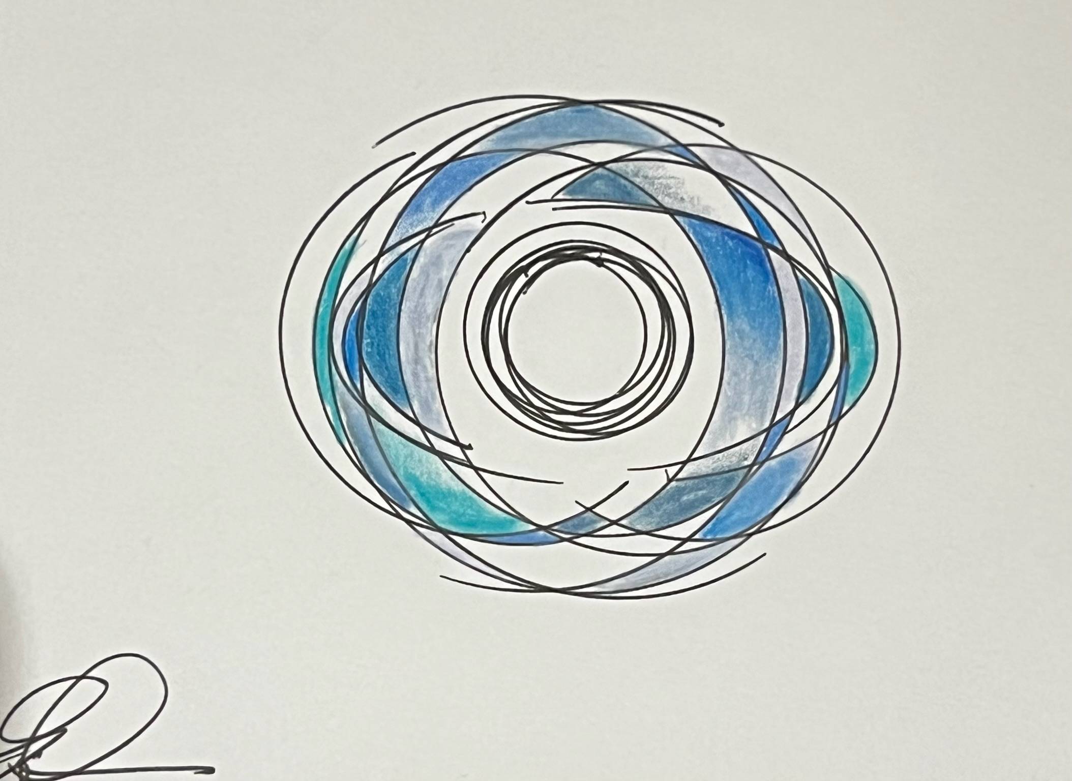 Hand-drawn abstract design resembling an eye or orbit, composed of overlapping black circular and elliptical lines around a central blank circle. Soft shading in blue, teal, and gray fills portions of the surrounding shapes, creating a layered, fluid, and slightly chaotic pattern on a white background.