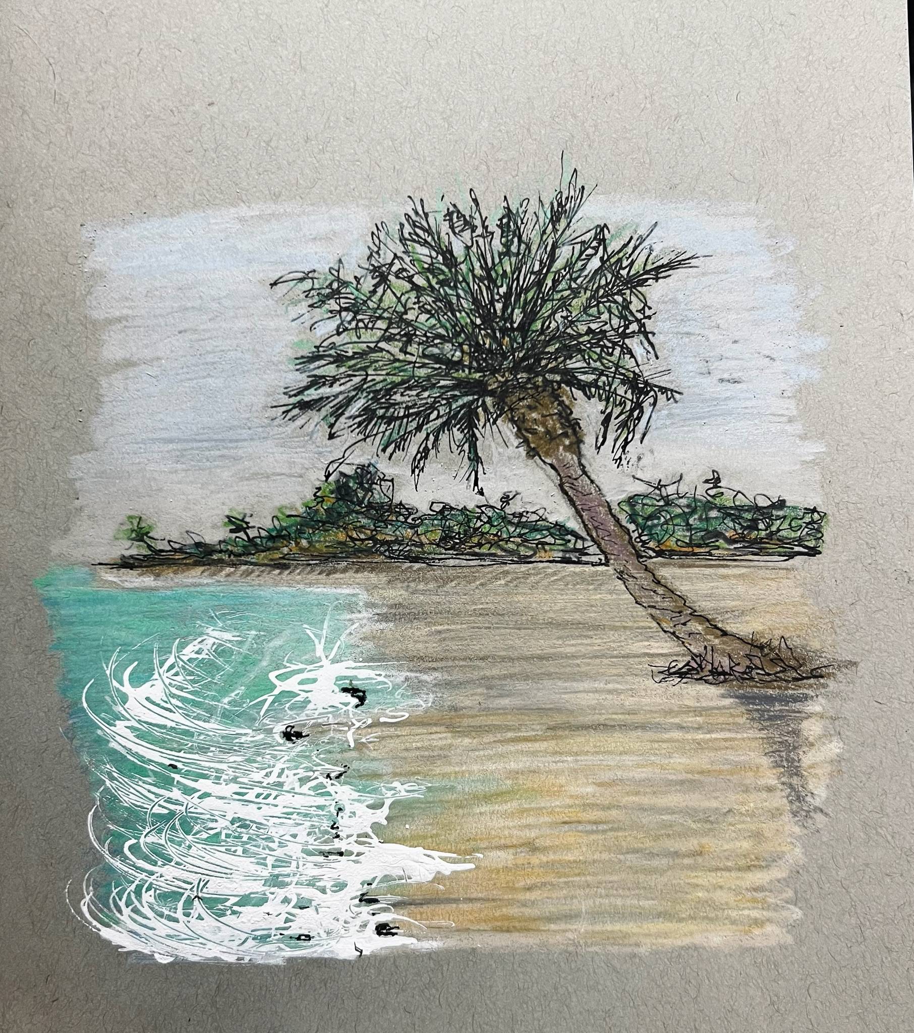 A hand-drawn illustration shows a coastal scene with a single palm tree leaning diagonally to the right along a sandy shoreline. The palm’s trunk is textured and slightly curved, with dense, scribbled fronds at the top in dark green and black ink. Behind the tree is a low line of green shrubs and a pale, lightly shaded sky. In the foreground, shallow turquoise water meets the sand, with white, swirling strokes suggesting foamy waves washing onto the shore. The overall style is loose and expressive, combining pencil, ink, and soft color washes on textured paper.