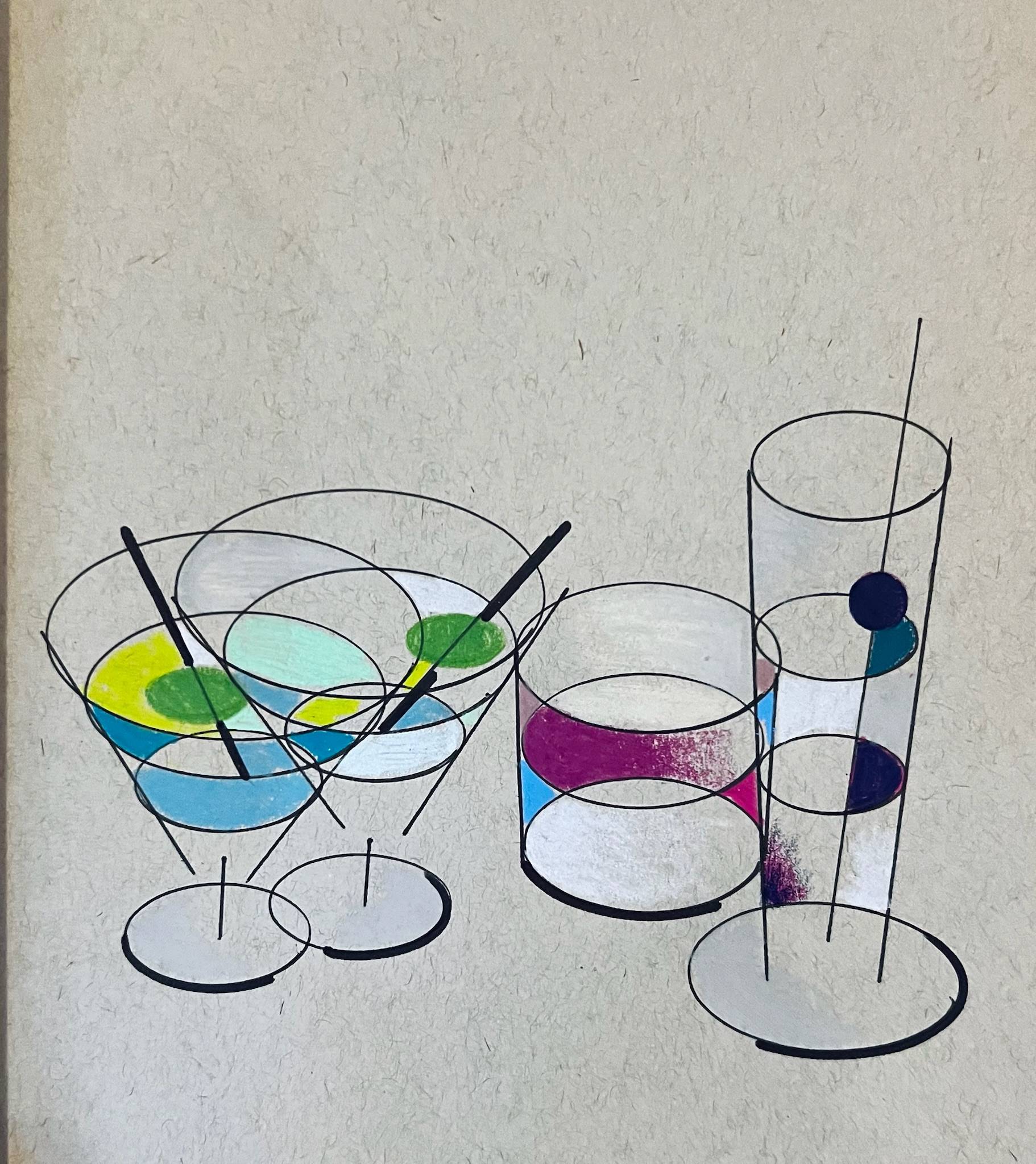 Abstract drawing of cocktail-style glasses outlined in black ink on a textured off-white background. Three vessels are shown: a wide martini-style glass on the left with overlapping elliptical lines and colored shapes in blue, green, and yellow; a short cylindrical glass in the center with a band of magenta and blue; and a tall, narrow glass on the right with vertical lines and circular color accents in blue and purple. Thin black lines extend through the glasses, suggesting stir sticks or structural elements.