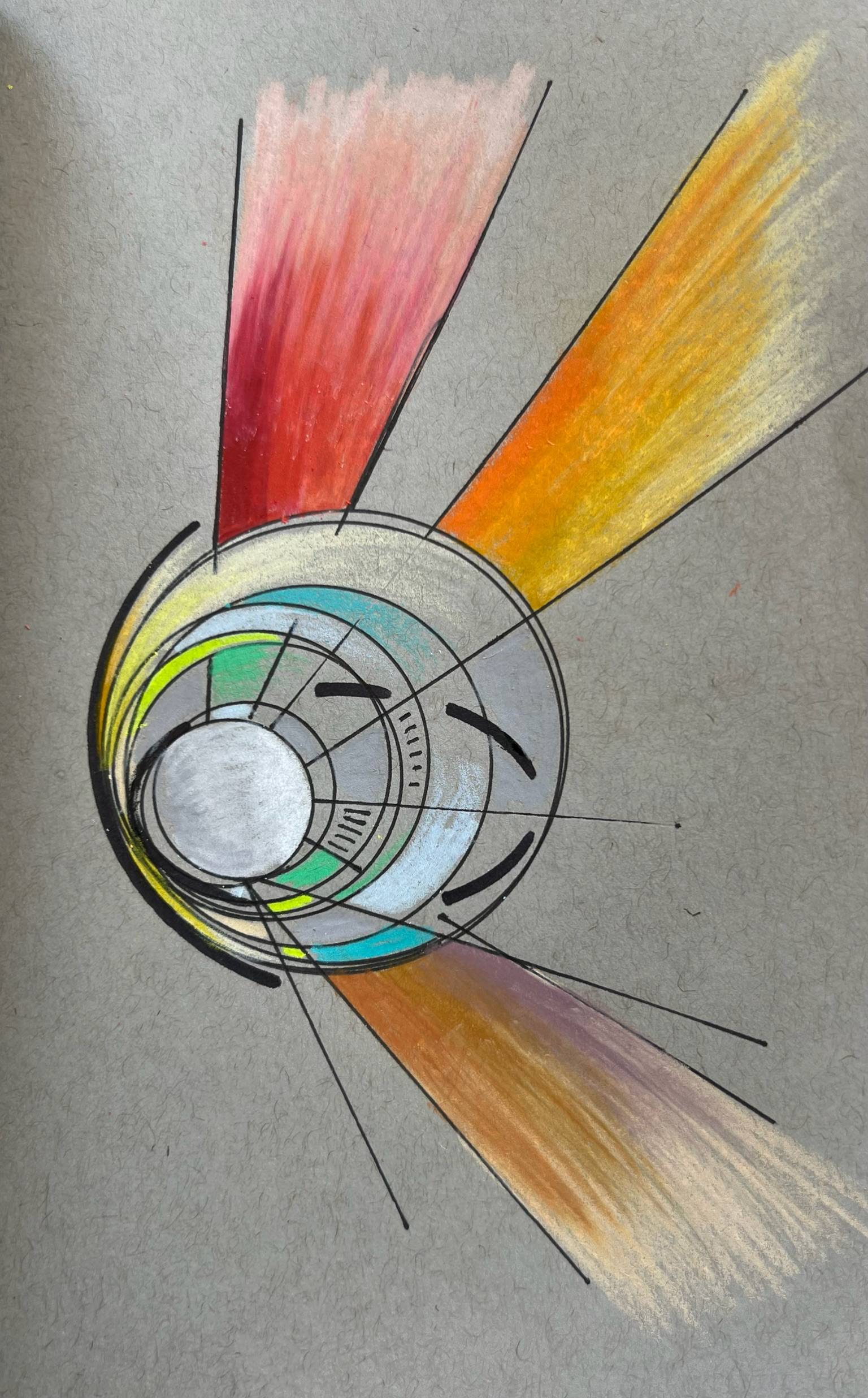 **Alt Text:**  An abstract geometric artwork on gray paper featuring a series of concentric circles and arcs drawn with fine black lines. Bright beams of color radiate outward from the circular center, including gradients of red, orange, yellow, turquoise, and pale lavender. Layered rings, intersecting lines, and segmented shapes create a mechanical or orbital feel, while the soft colored strokes add energy and motion. The composition resembles a stylized compass, turbine, or celestial instrument emitting light in multiple directions.