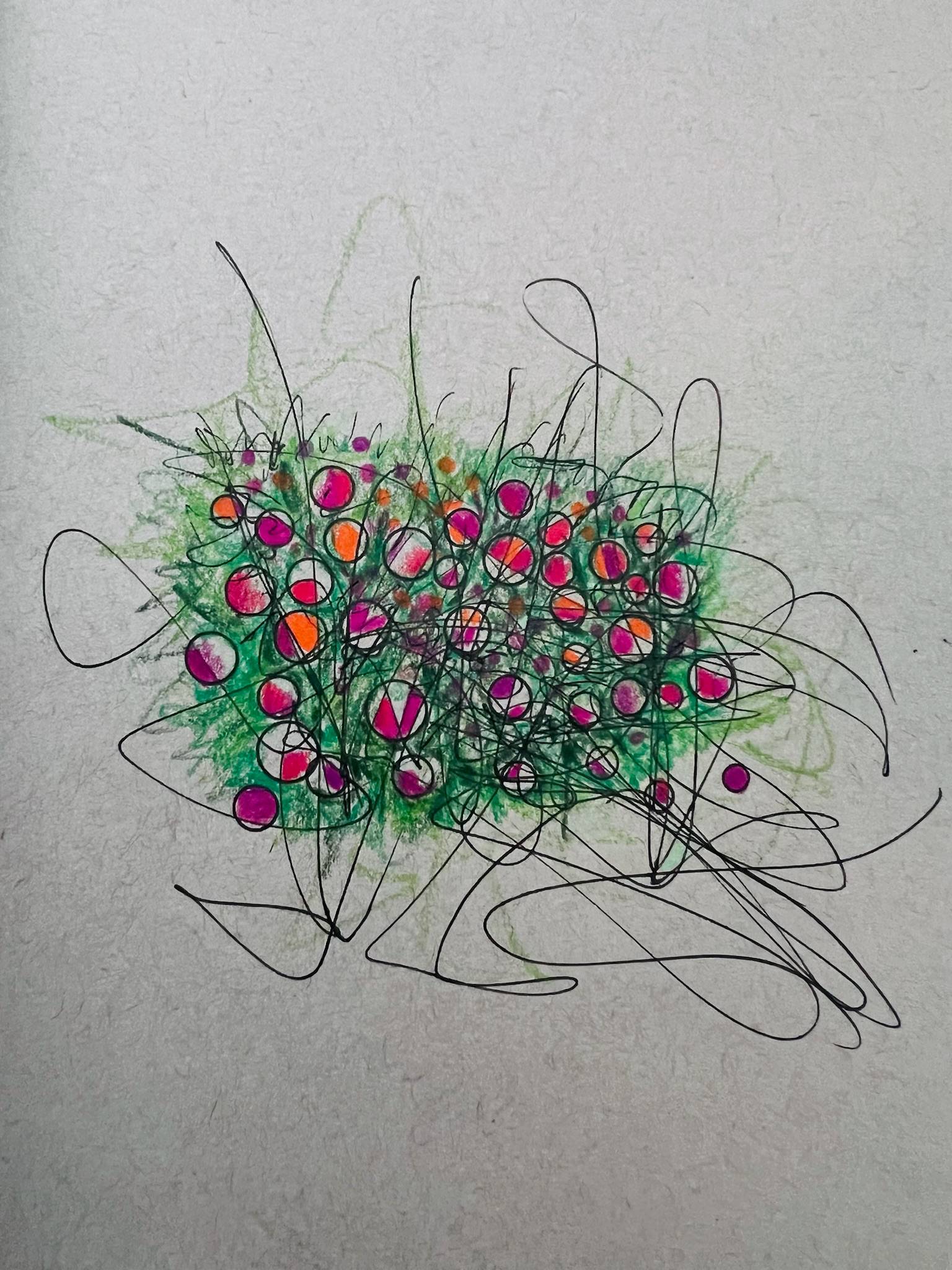 A colorful abstract bouquet of pink, magenta, and orange flowers surrounded by lively green strokes and expressive black ink lines, hand-drawn in a playful, whimsical style.