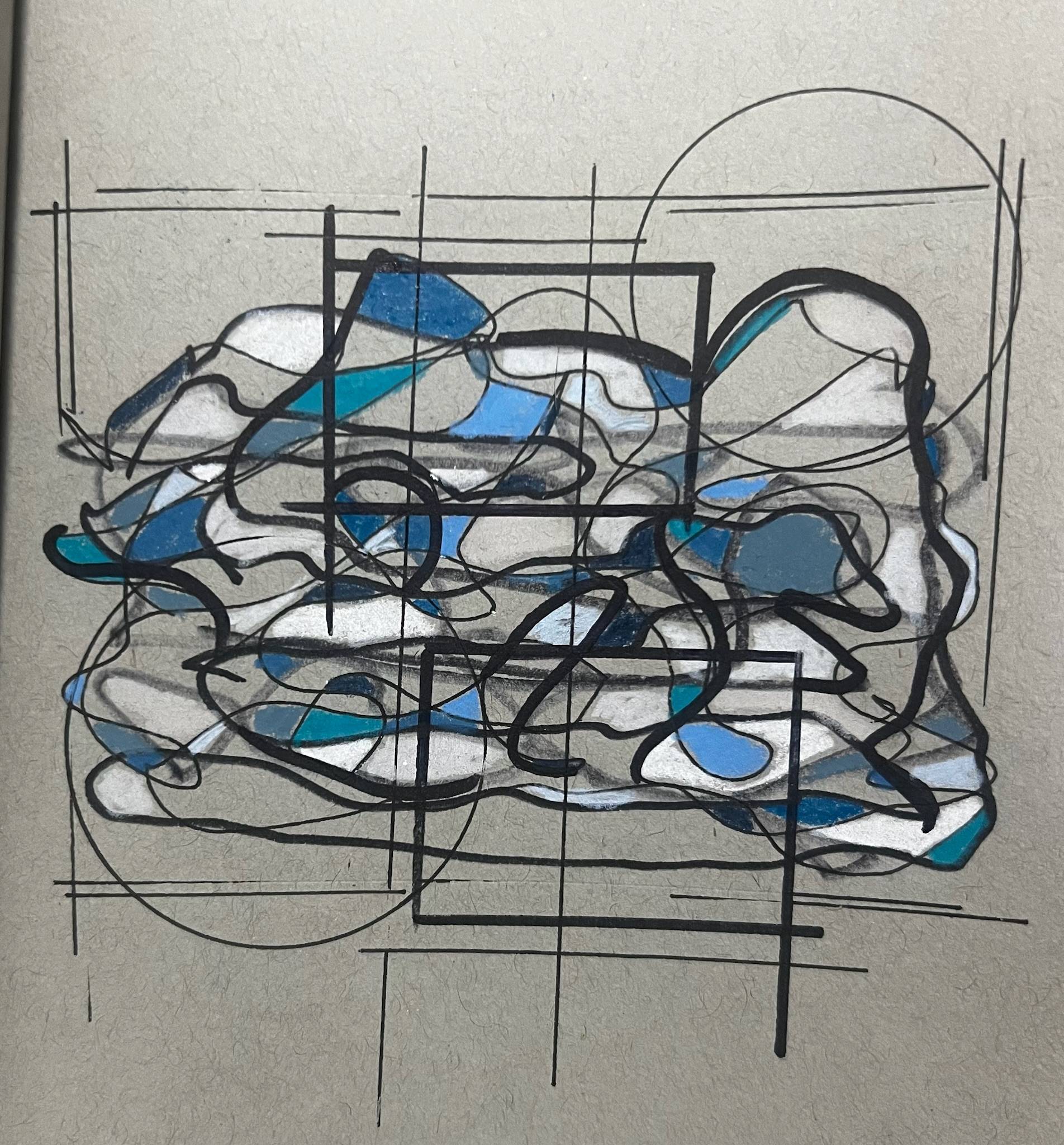 **Alt Text:**  Abstract mixed-media artwork featuring overlapping black line drawings, geometric shapes, and translucent blue forms on a textured off-white background. Thick and thin black lines create a loose grid of rectangles, circles, and intersecting curves. Layers of blue, teal, and light blue shapes are scattered throughout the composition, partially obscured by looping, scribbled black contours. The overall effect suggests organized structure competing with fluid movement, creating a sense of controlled chaos and complexity.