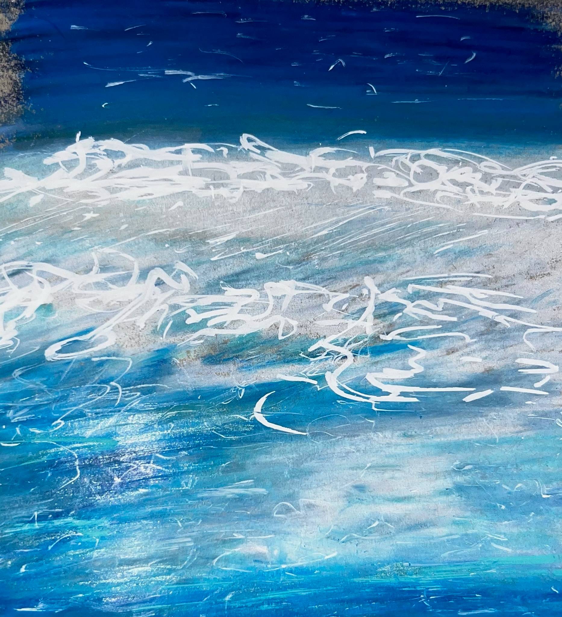 Here you go — detailed, vivid, and accessible alt text without drifting into artsy-nonsense land:  **Alt Text:** Abstract painting of an ocean scene with layers of rich blue water transitioning from deep navy at the top to lighter turquoise near the center. White, swirling brushstrokes skim across the surface, suggesting breaking waves and foam. The texture shifts between smooth blended color and energetic, sketch-like lines, giving the water a sense of motion and depth. Subtle sandy beige tones appear near the top edge, hinting at a distant shoreline.