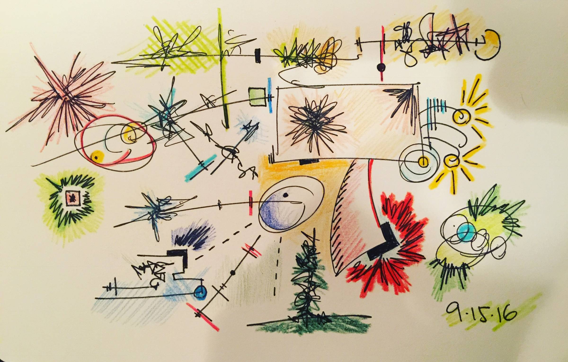 An abstract, colorful hand-drawn composition filled with energetic lines, scribbles, and geometric shapes. The artwork features bursts of color in red, yellow, blue, and green; overlapping circles and rectangles; clusters of star-like line explosions; and scattered shaded patches. Some shapes appear connected by dashed or straight lines, creating a sense of motion or circuitry. The drawing has no single focal point, instead presenting a dynamic, chaotic, playful arrangement. The date “9·15·16” is written in green pencil in the bottom right corner.