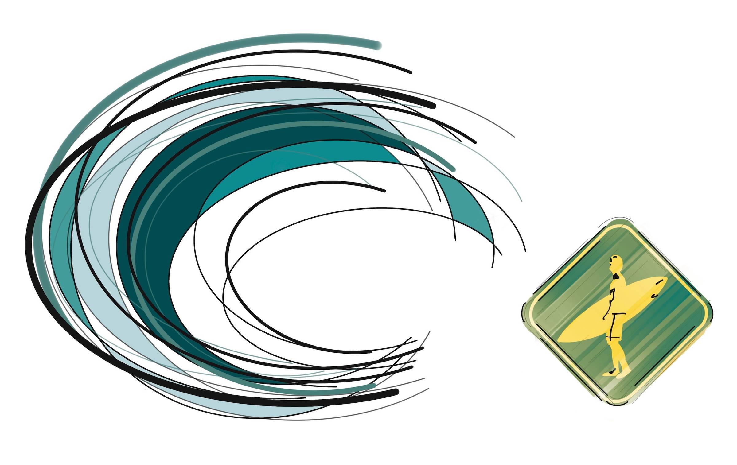 Abstract illustration of a large curling teal wave beside a small figure holding a surfboard, poised to face it.