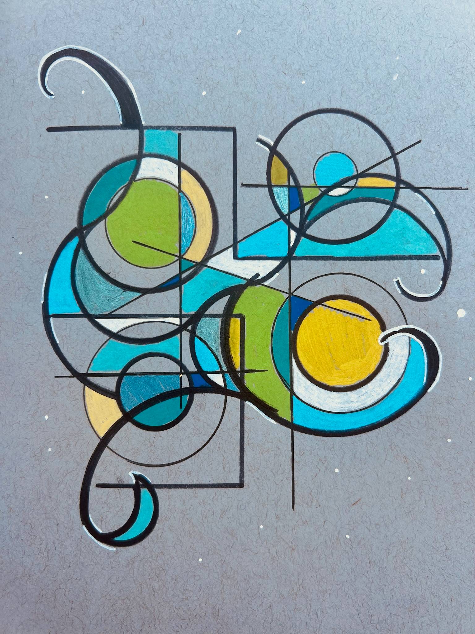 Abstract geometric artwork on a textured, pale gray-blue background. Thick black lines form overlapping circles, rectangles, arcs, loops, and sweeping curves, creating a dense, asymmetrical composition concentrated in the center. Sections within the shapes are filled with bright turquoise, teal, lime green, yellow, cream, white, and small areas of deep blue. Several black curves extend beyond the main cluster and curl into hook-like ends at the upper left, lower left, and right edges. Thin horizontal and diagonal lines cross through the larger shapes, adding layers and a sense of movement. Small white speckles are scattered across the background. The hand-drawn lines and visible coloring strokes give the precise geometric design an organic, playful quality. 