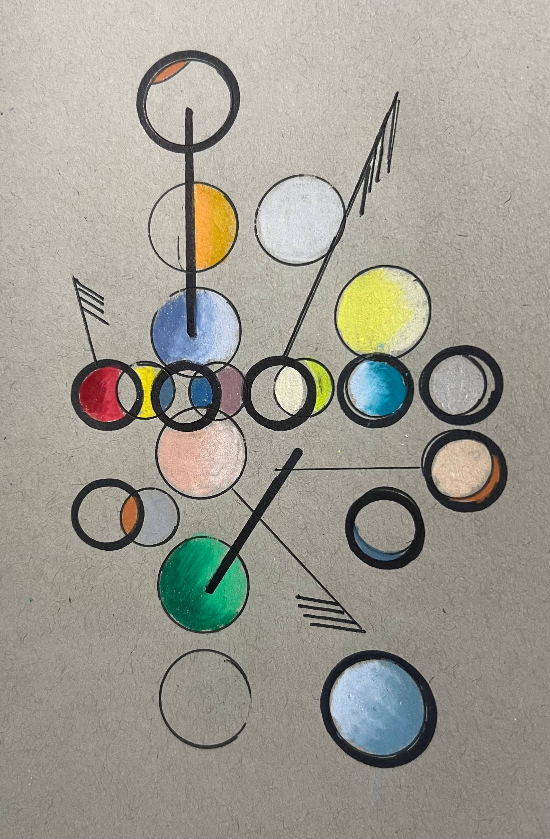 Abstract, braille-inspired composition on textured tan paper, made up of overlapping circles and connecting black lines arranged in a loose, vertical cluster. The circles vary in size and opacity, some outlined in black and others filled with soft, blended colors including red, yellow, blue, green, peach, and teal. Several circles intersect at the center, creating layered, translucent effects. Thin black lines run vertically, diagonally, and horizontally between elements, some ending in short hatch marks or arrow-like strokes. A larger green circle sits slightly below center, anchoring the composition, while a few isolated circles appear around the edges. The overall piece feels like a tactile system or coded structure, evoking braille or a symbolic language translated into color and form.