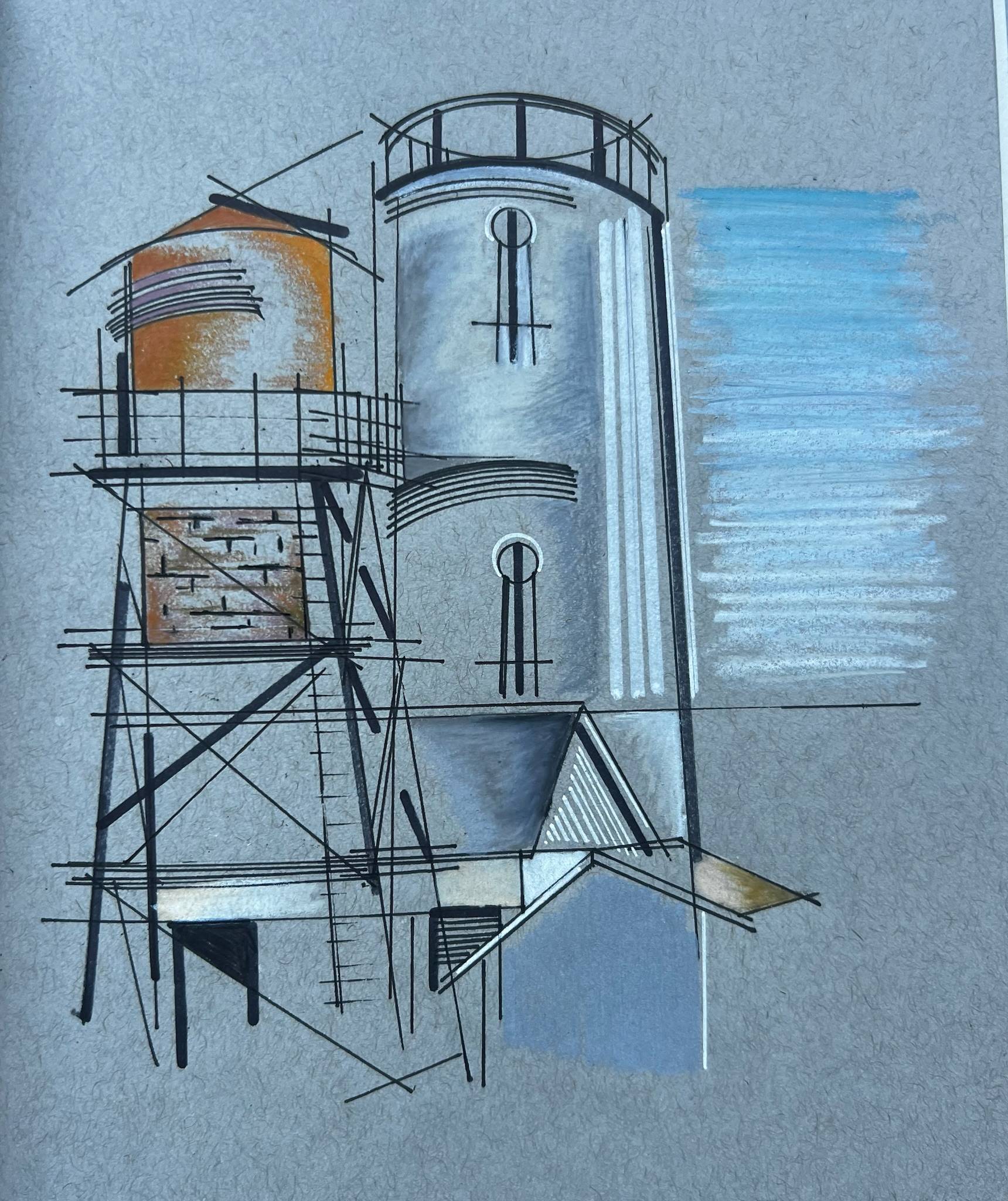 Illustrated architectural sketch of two connected industrial silos or grain towers drawn with black structural lines and geometric drafting marks. The taller cylindrical tower on the right is shaded in gray with vertical ridges and small circular windows, while the shorter tower on the left is colored in warm rust-orange tones and sits on a metal scaffold structure with cross-bracing and a ladder. Angular rooflines and intersecting construction lines give the drawing a technical, blueprint-like feel. A soft blue shaded background sits behind the taller tower, contrasting with the neutral gray paper texture. The overall style blends architectural drafting with loose marker and pastel shading, creating a modern industrial illustration.