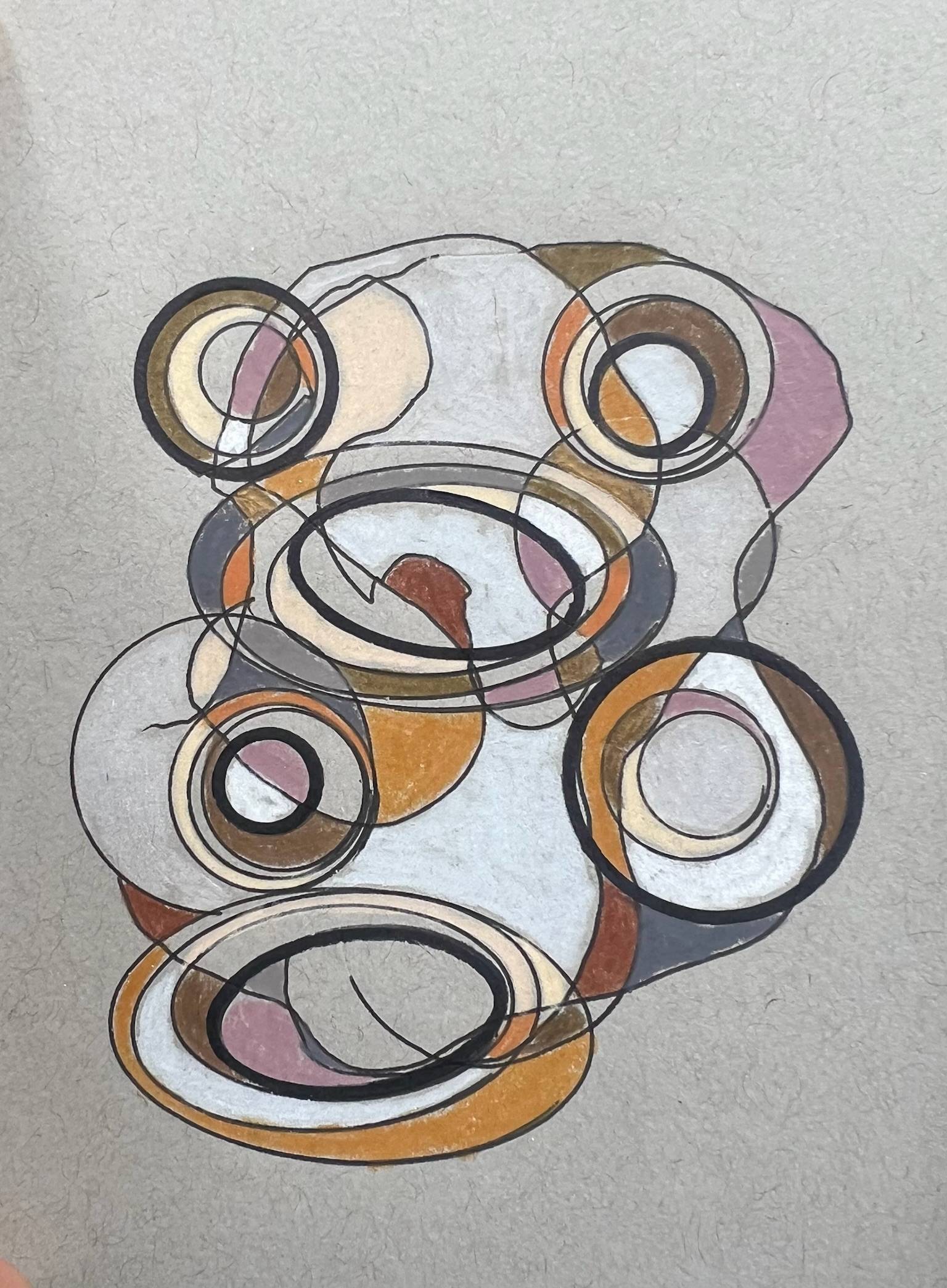 **Alt Text:**  Abstract geometric artwork composed of overlapping circles, ovals, and organic shapes drawn in thin black lines on a textured gray background. The composition is arranged vertically, with multiple concentric rings intersecting and layering over one another. Softly colored sections in warm earth tones, including ochre, rust, beige, brown, gray-blue, white, and muted pink, fill portions of the shapes. A large oval anchors the bottom of the piece, while smaller circular forms cluster around a central ring near the middle. The transparent layering of lines and shapes creates a sense of movement, balance, and interconnectedness, resembling a study of orbiting forms or floating stones viewed through geometric lenses.