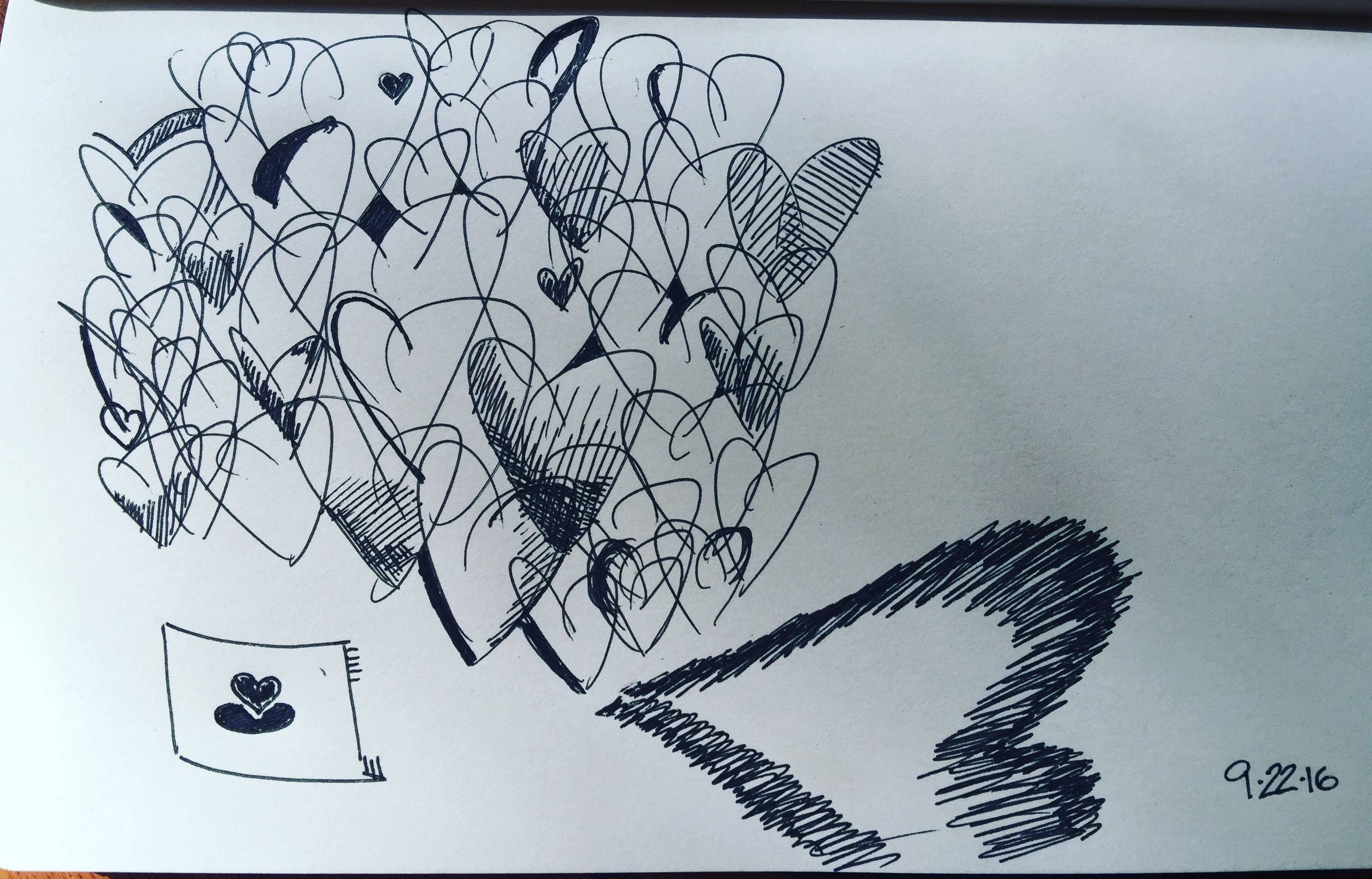 A black-ink abstract drawing composed of many overlapping heart shapes clustered on the left side of the page. Some hearts are shaded or filled, while others are left as outlines. Toward the bottom left is a small rectangular shape resembling a flag or label with a simple heart design on it. On the right side of the page is a single large, heavily shaded heart pointing diagonally upward. The date “9·22·16” is written in the bottom right corner.