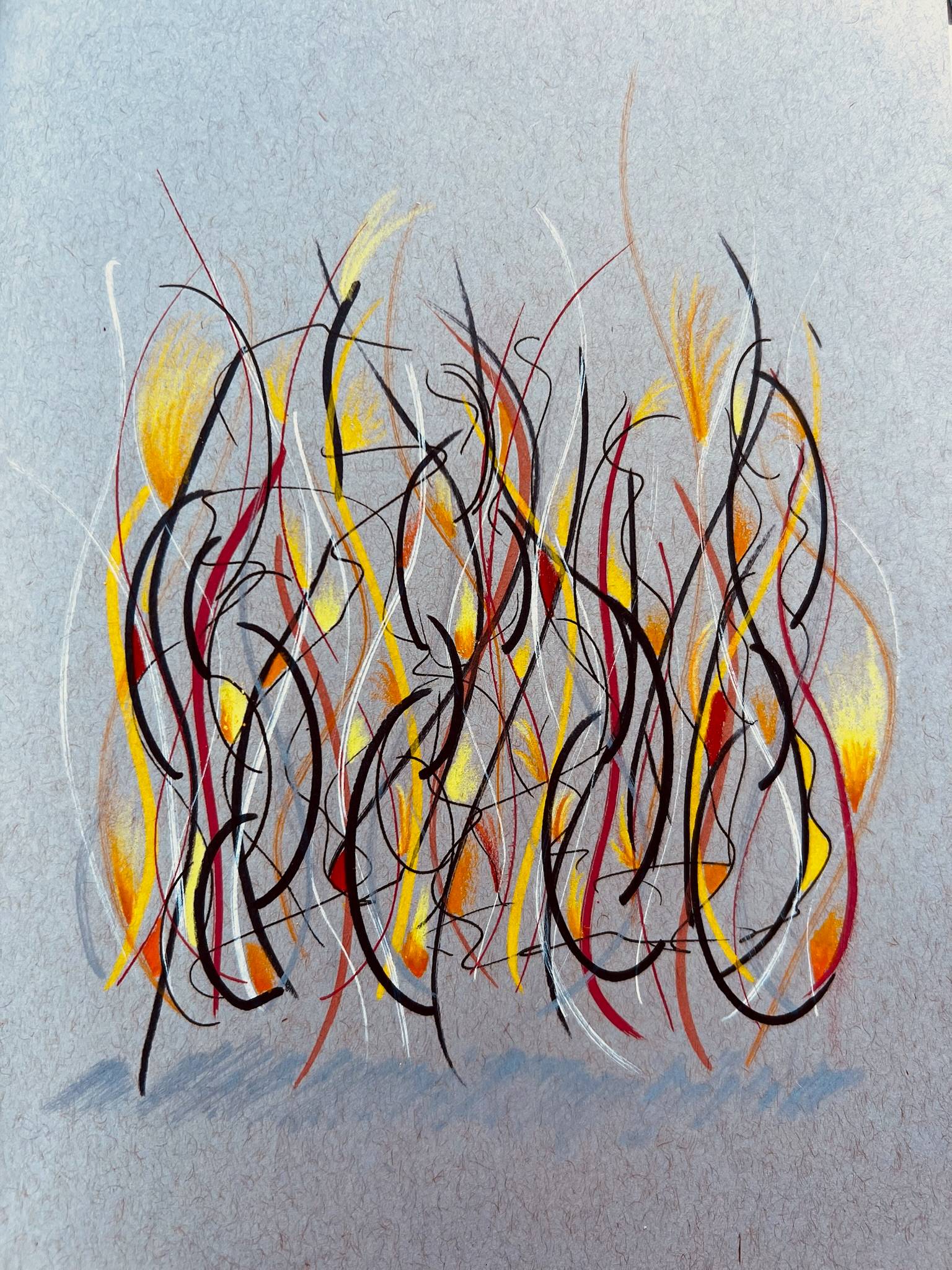 Abstract artwork featuring layered, flame-like shapes in yellow, orange, and red intertwined with bold, sweeping black lines and thin white and red strokes on a muted gray background, creating a sense of movement and energy.