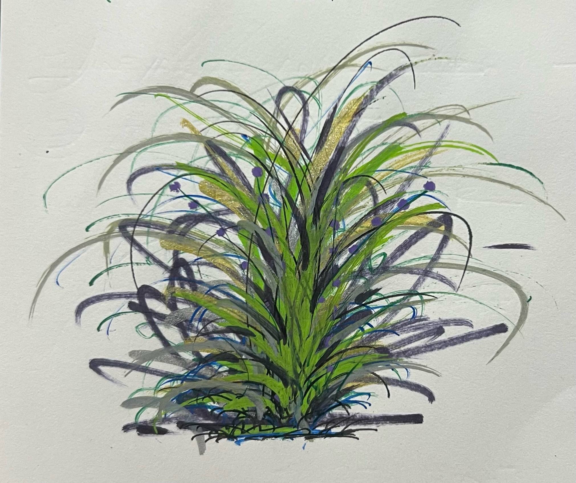 **Revised medium-length alt text:** An expressive watercolor painting of tall, grass-like foliage with sweeping green, gold, and blue brushstrokes. Several strands end in delicate seed clusters, adding texture and life to the composition. The blades curve outward from a dark base, with hints of purple and yellow suggesting movement and light. The white background highlights the natural, organic energy of the piece.