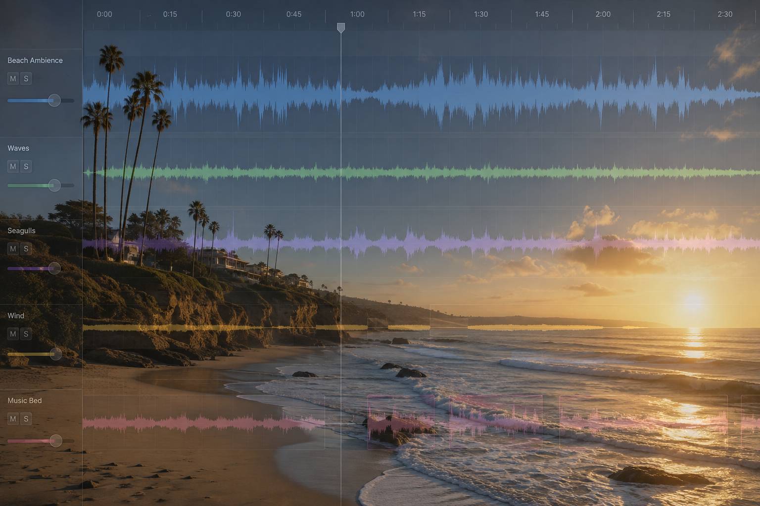 A beach with palm trees and sun on the ocean overlaid with audio files