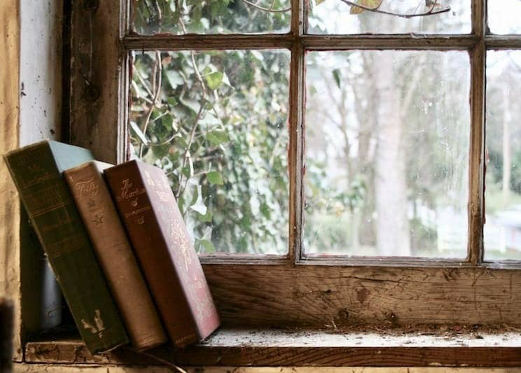 three books leaning on glass window