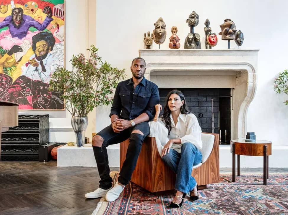 Image of Rashid Johnson and Sheree Hovsepian inside the living area of their private townhome located near Gramercy Park, New York City. Photo by Stefan Ruiz