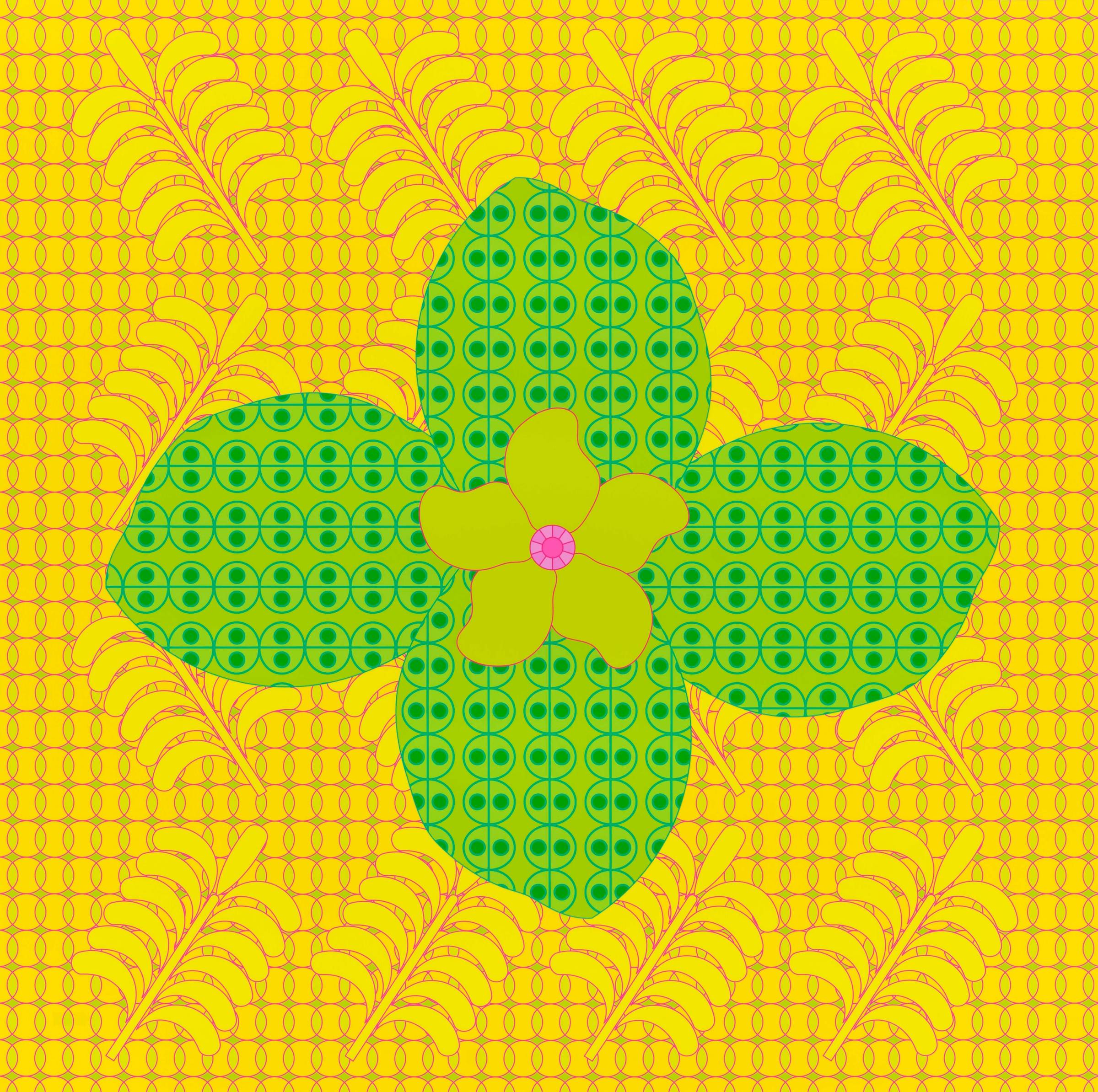 A vibrant digital art print by Yinka Ilori featuring a central four-petaled green shape resembling a stylized clover or flower, layered over a bright yellow background. The green shape is filled with a dense, repeating pattern of small circular motifs. At