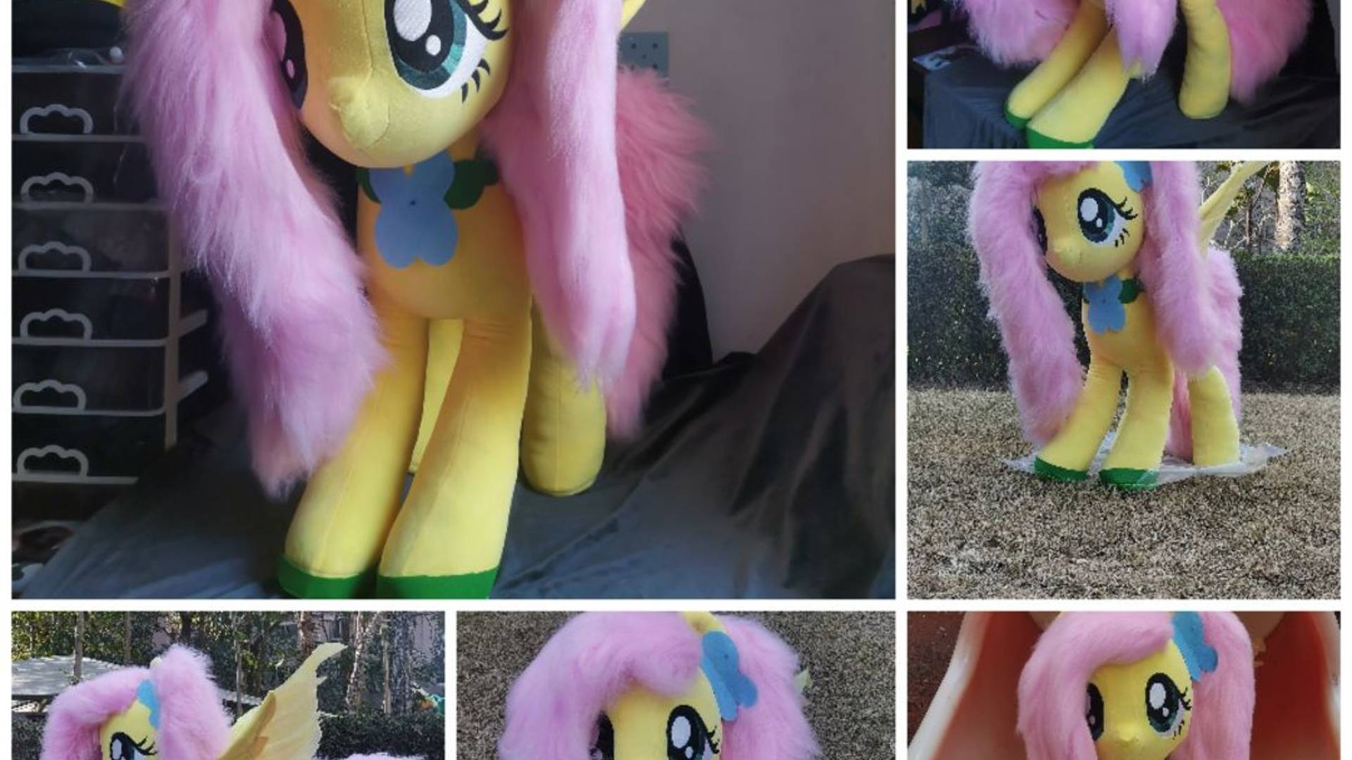 A collage of images showing a plush toy resembling a pony character. The toy is yellow with large, expressive eyes and features a long, pink mane and tail. It has wings and a blue flower decoration. The images depict the toy in various poses and settings, including indoors on a surface and outdoors on grass. The top left image has a graphic with Chinese characters.