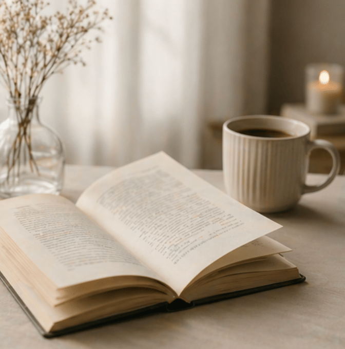 Open book on a neutral-toned table beside a ceramic coffee mug, glass vase with dried flowers, and softly glowing candle in warm natural light.