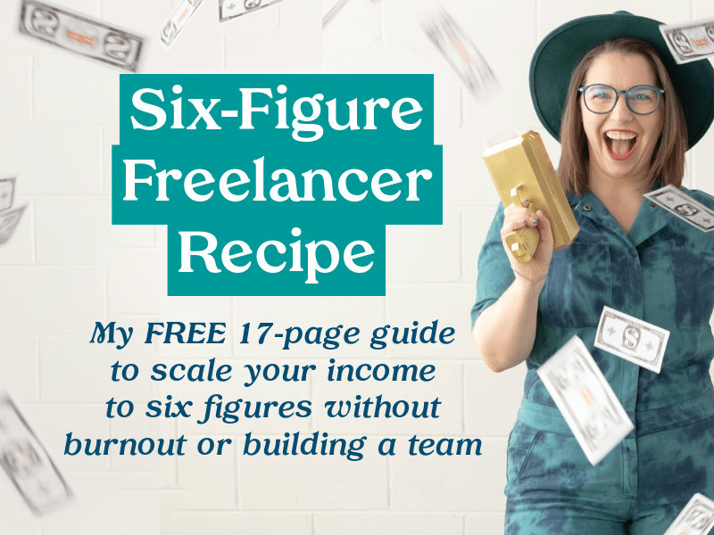 Jasmine in teal outfit and hat holding a gold money gun while smiling, with money flying around. Text reads: “Six-Figure Freelancer Recipe – My FREE 17-page guide to scale your income to six figures without burnout or building a team.”