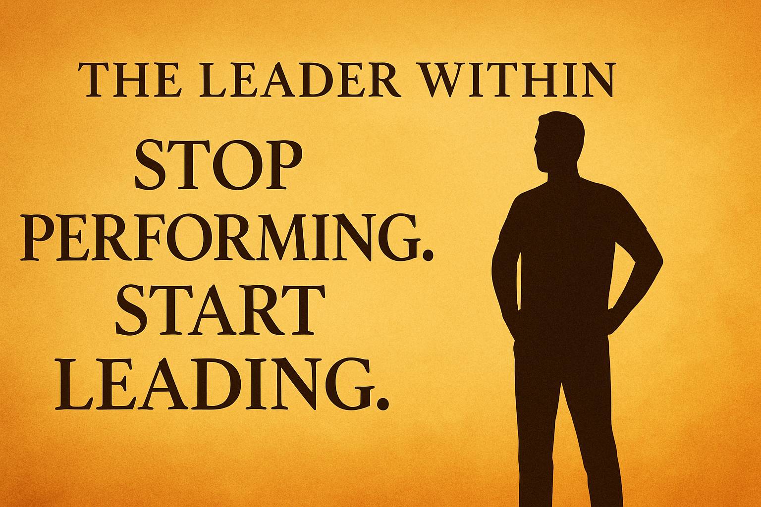 A 400×300–pixel thumbnail with a warm golden-yellow textured background. Centered in dark brown serif font is the title “THE LEADER WITHIN” above the bold message “STOP PERFORMING. START LEADING.” On the right, a relaxed silhouette of a casually dressed m