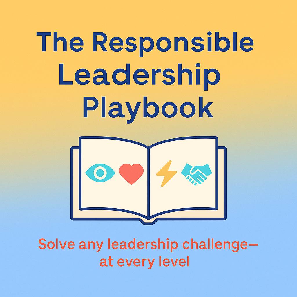 A vibrant gradient backdrop transitioning from golden yellow at the top to sky blue at the bottom. Centered at the top is bold dark-blue text reading “The Responsible Leadership Playbook.” Below this is a simple open book icon displaying four colorful sym