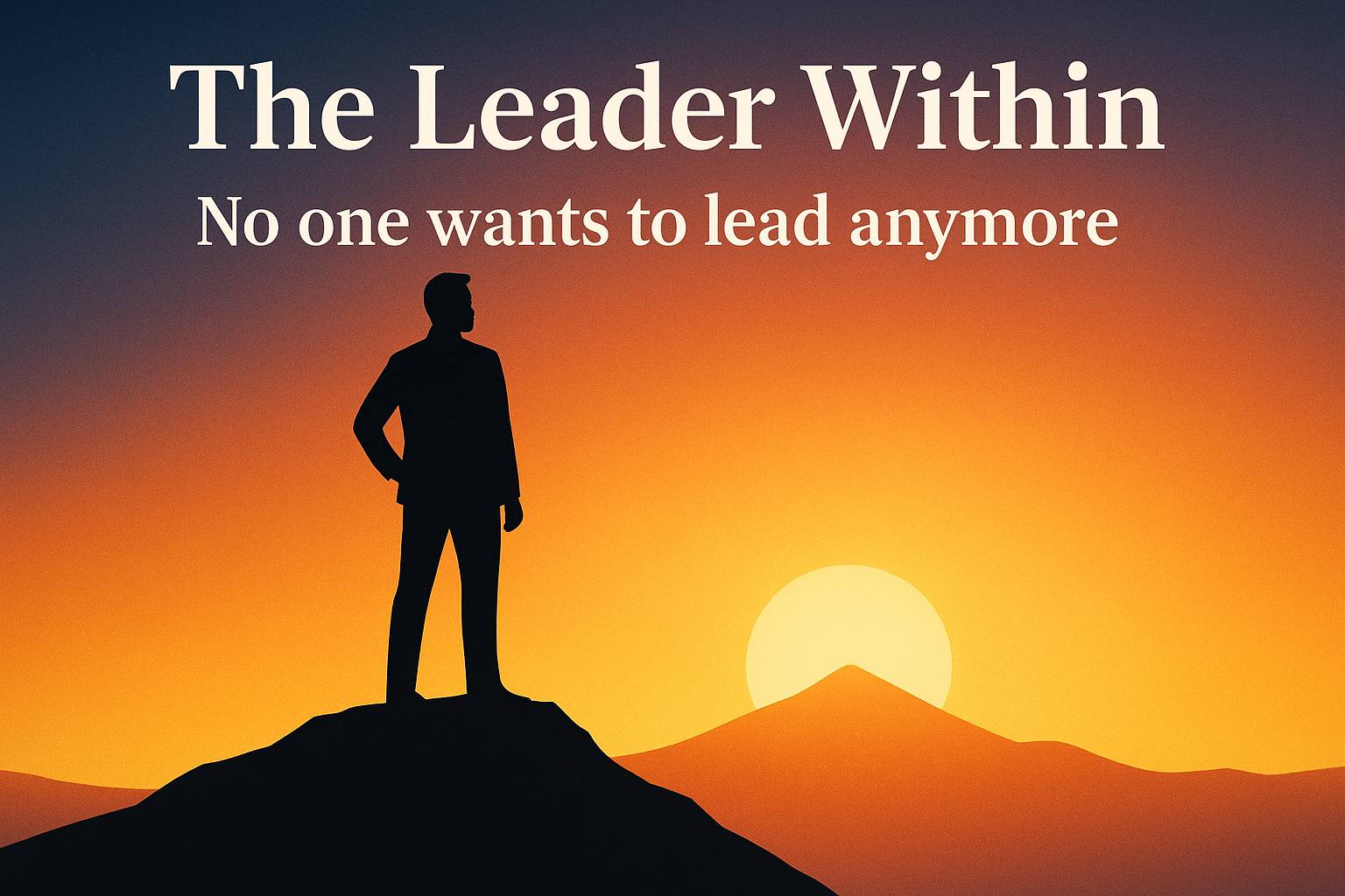 Silhouette of a leader standing atop a mountain at sunrise with the text “The Leader Within” and subtitle “No one wants to lead anymore” over a vibrant gradient sky.