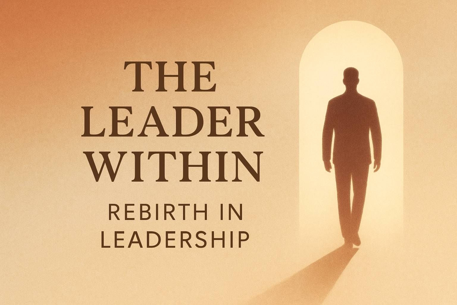 A minimalist graphic featuring a warm gradient from deep sienna to soft beige. A silhouette of a confident man walks toward a glowing arched doorway, symbolizing transformation and rebirth. The title “The Leader Within” and subtitle “Rebirth in Leadership