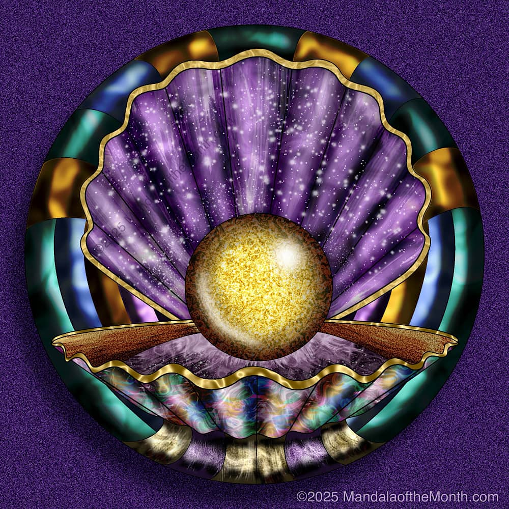 golden orb in an opened, fancy purple sea shell