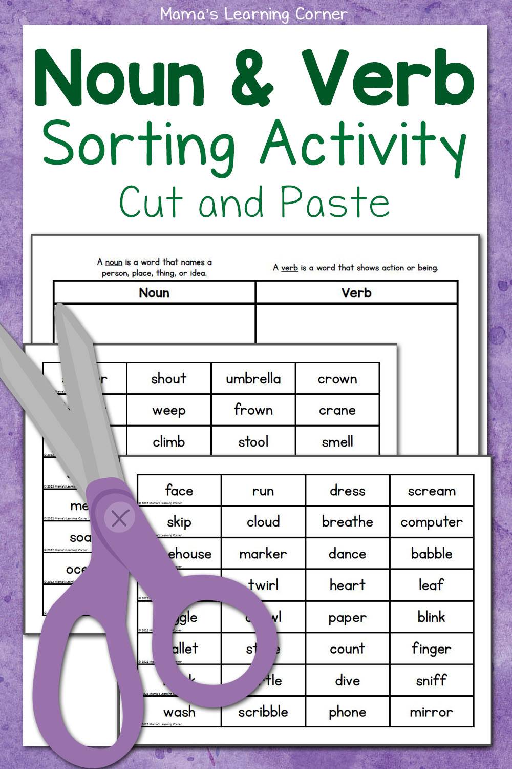 parts of speech noun and verb sorting activity mamas learning corner