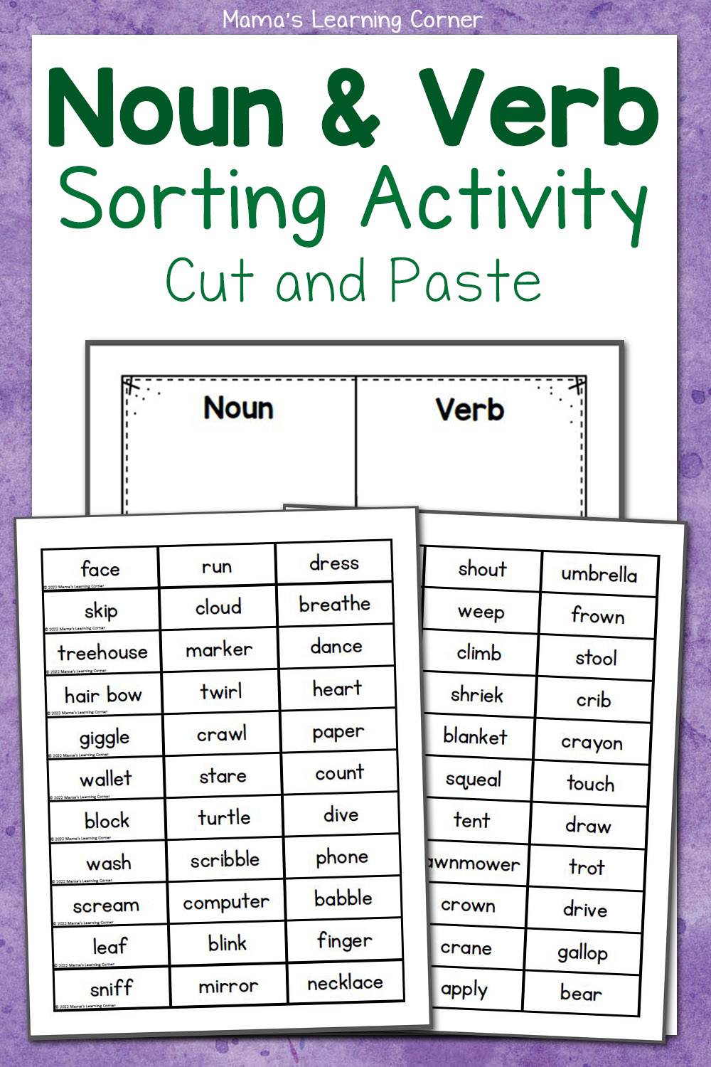 parts of speech noun and verb sorting activity mamas learning corner