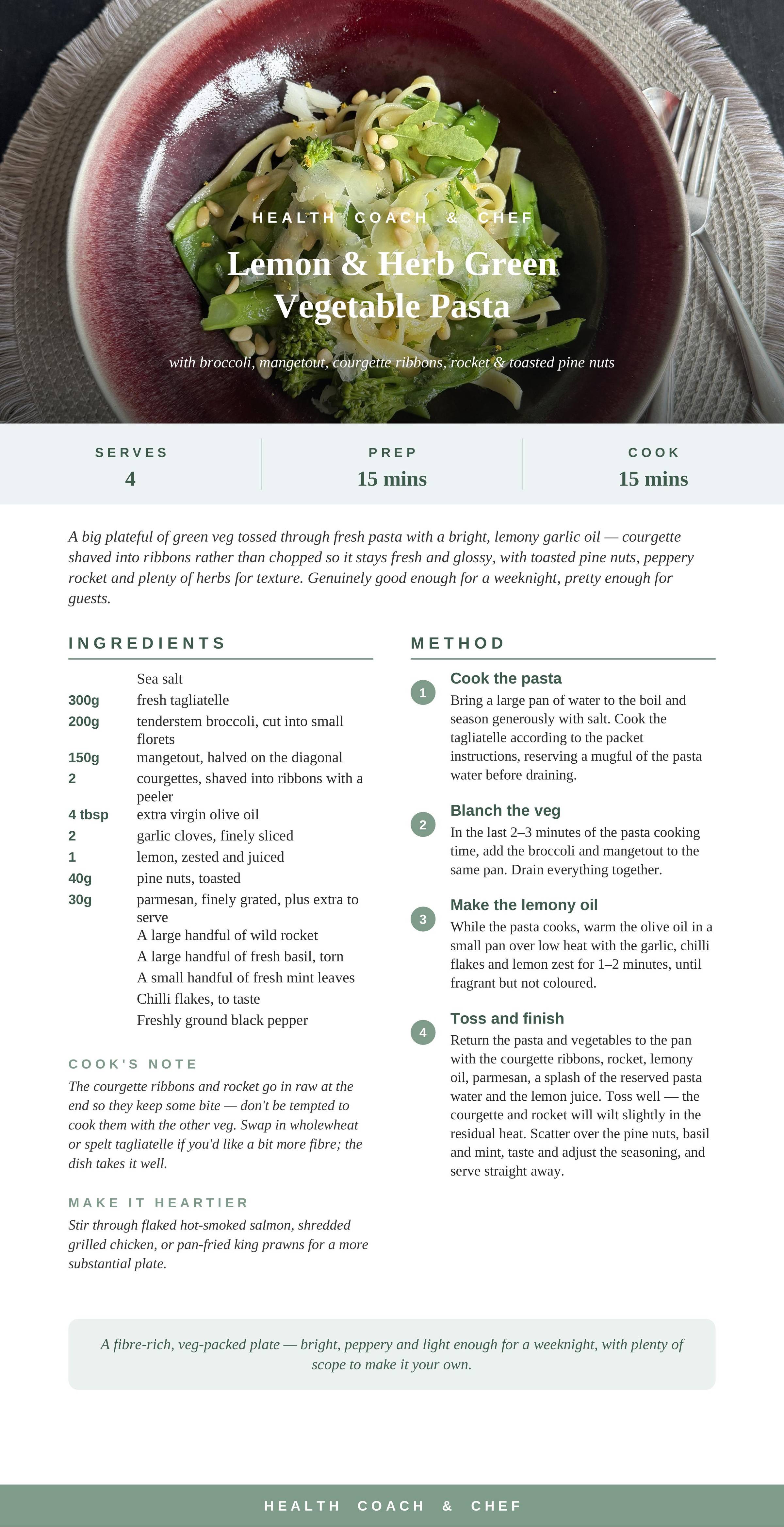 Lemon and Herb Green Vegetable Pasta recipe card