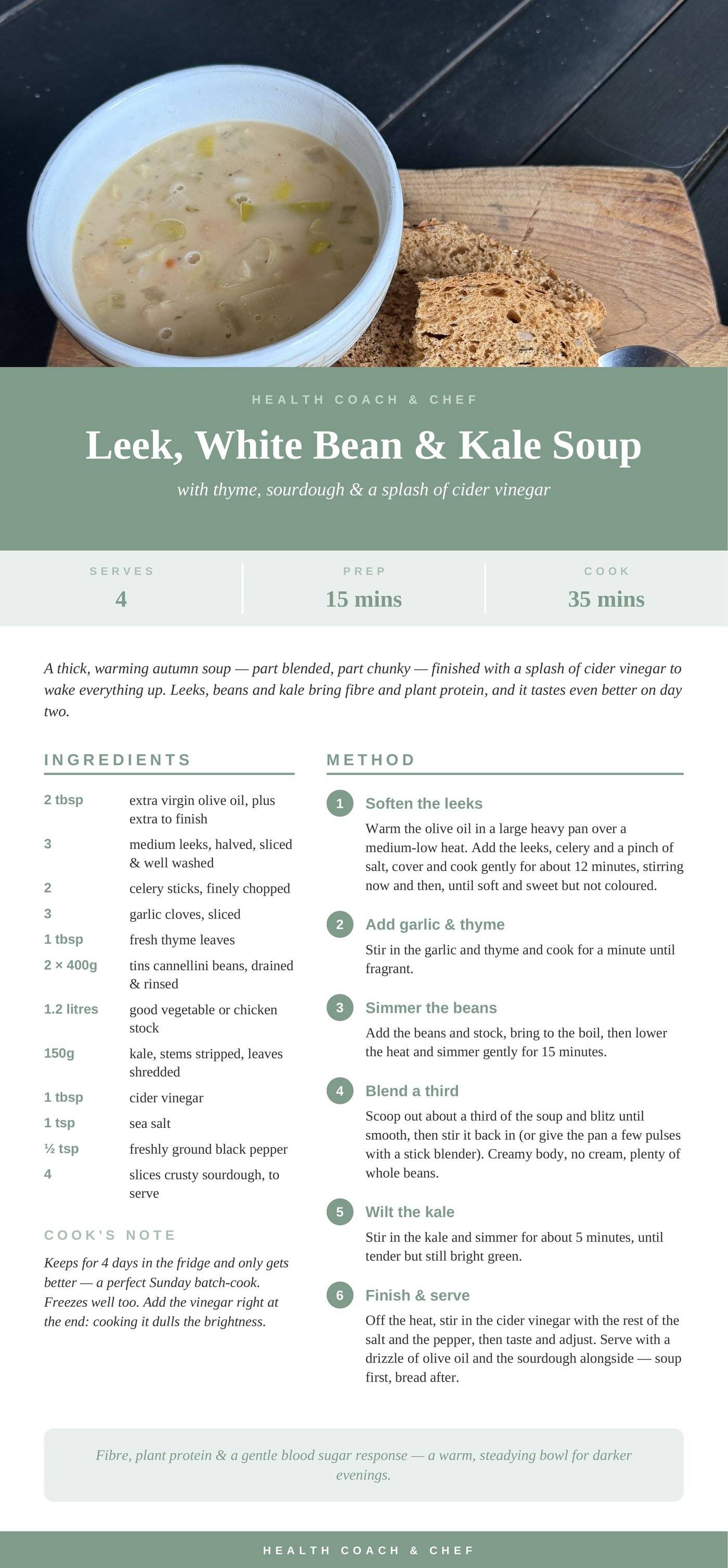 Recipe card: Leek, White Bean and Kale Soup with ingredients and method