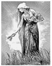 A black and white picture depicting Tailtiu picking crops from the ground