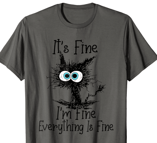 One of my favourite t shirts, with a frazzled cat, and "It's fine, I'm fine, everything is fine" written on it