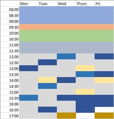 A colour coded representation of my weekly calendar. Depressingly full.