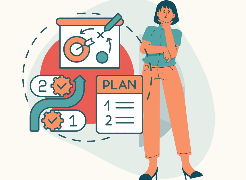 Illustration of a person thinking with planning icons, charts, and checklists