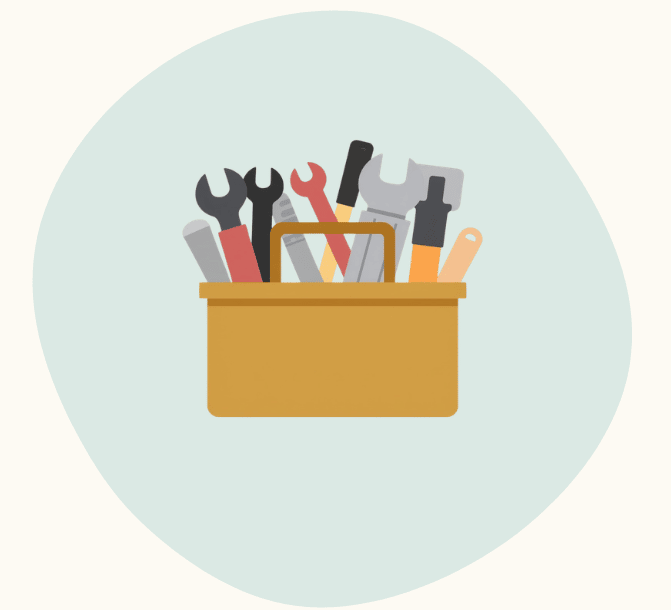 Graphic of a toolbox filled with various hand tools, including wrenches, a screwdriver, and a hammer.