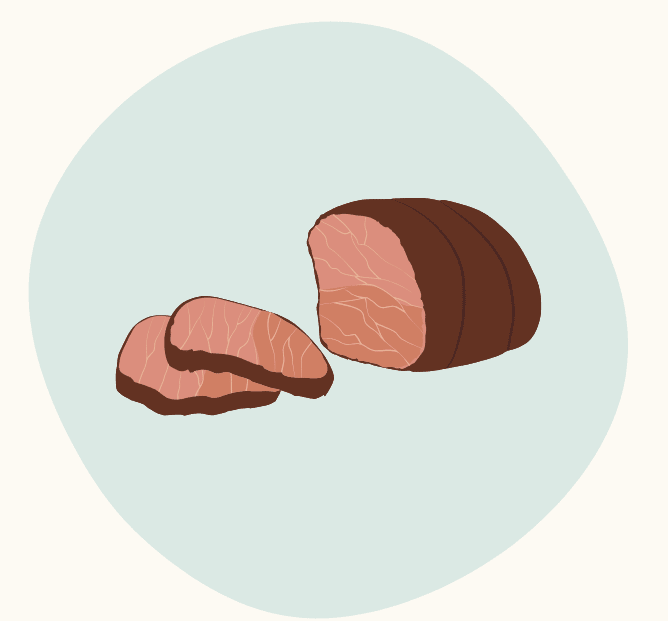 Illustration of a sliced roast with a dark brown exterior and pink center.