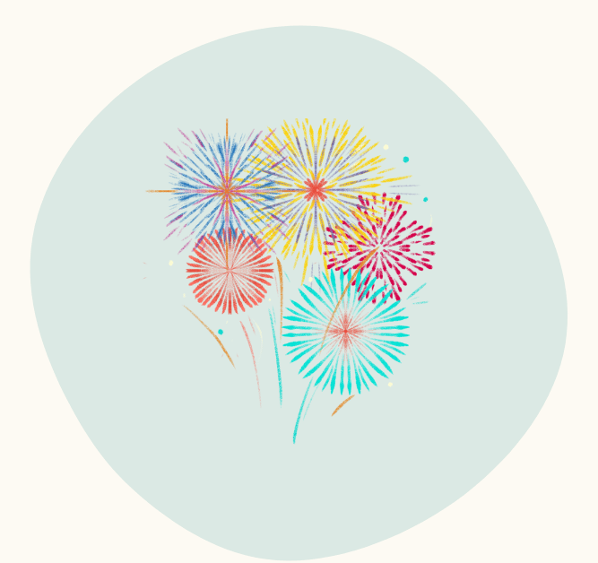 Colourful, hand-drawn fireworks bursting inside a soft pastel circle.