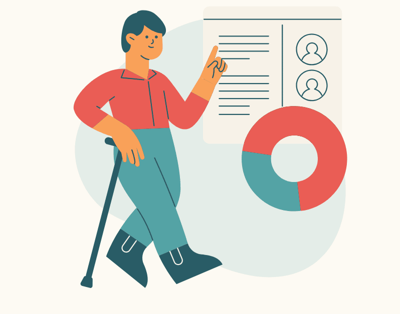 Illustration of a smiling person with a cane, pointing at a chart with text and profile icons, next to a pie chart.