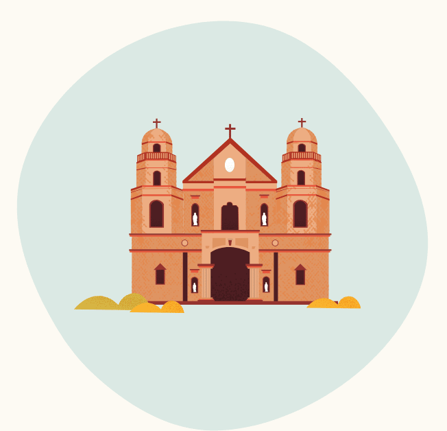 Illustration of a historic church with two bell towers and a central entrance, surrounded by small bushes