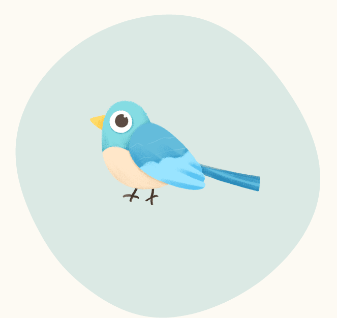 Illustration of a small blue bird with a yellow beak inside a soft green circle.