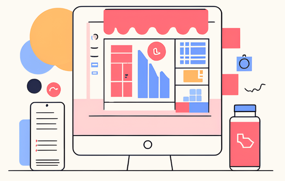 Illustration of a desktop and smartphone displaying colorful graphs and interface elements, surrounded by geometric shapes and a bottle.